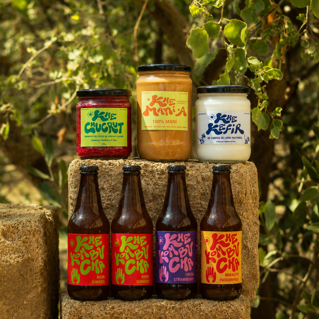 pack de kombucha, mantequilla de mani, kefir de cabra y chucrut artesanales