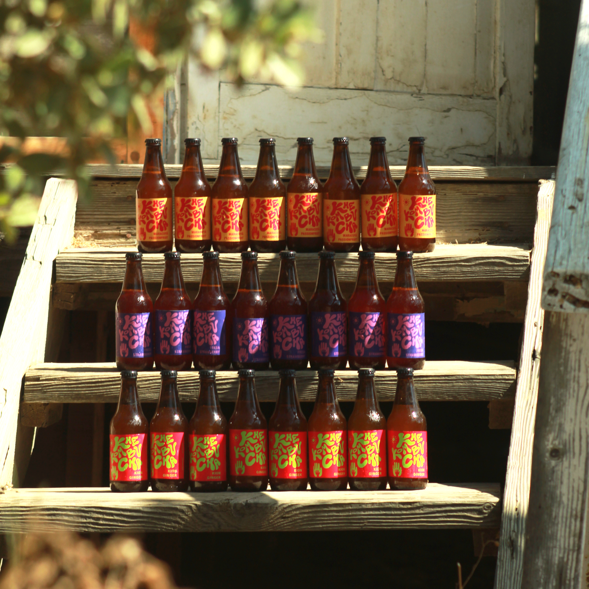 Pack de 24 kombuchas Khe en botellas de vidrio, bebidas fermentadas artesanales listas para compartir o abastecerse.